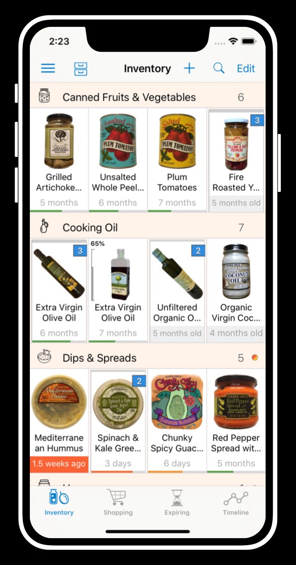 inventory screen with product categories, items and photos